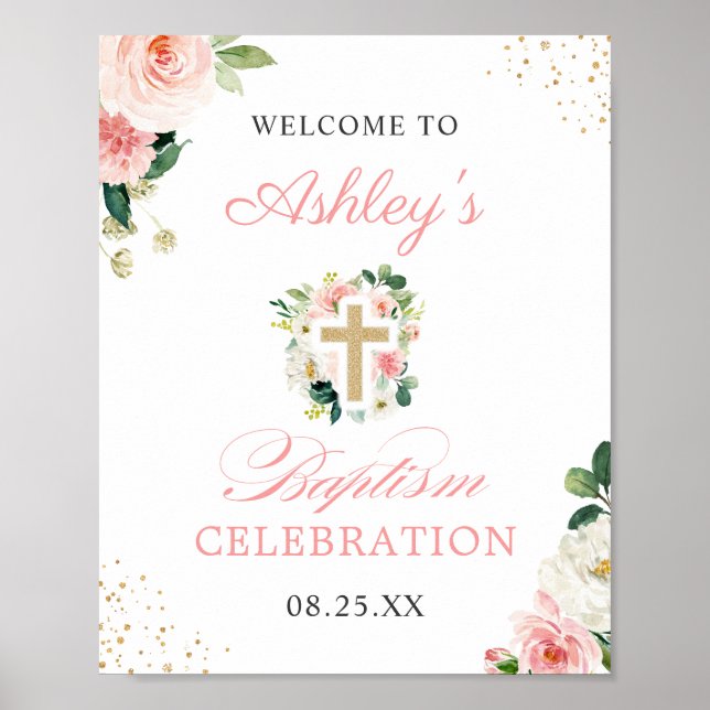 Poster Symbole Fille Baptême Rose Floral Or Croix (Devant)