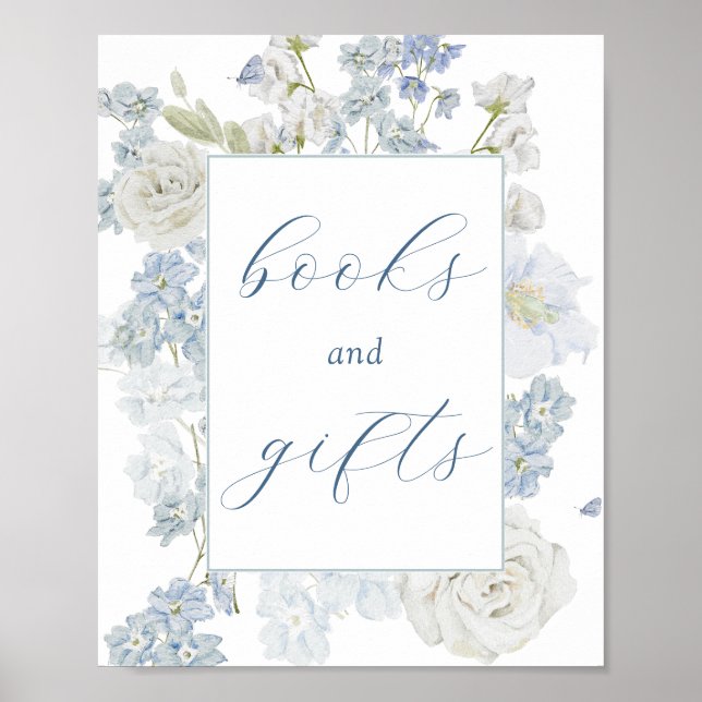 Poster Symbole Fleurs Bleues Douces Livres et Cadeaux (Devant)