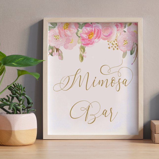 Poster Symbole Floral Rose Gold Calligraphie Mimosa Bar (Mimosa Bar sign from my Pink and Gold Watercolor Floral Collection)