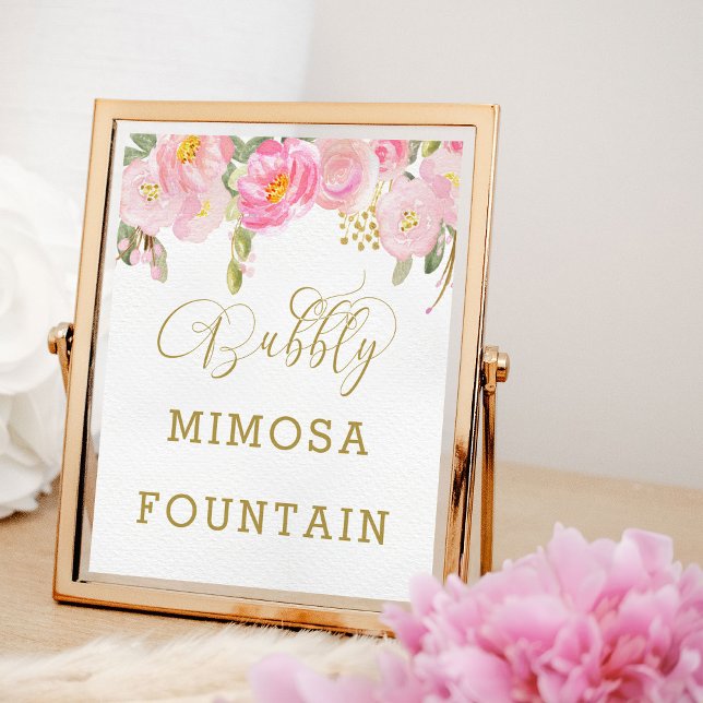 Poster Symbole Floral rose or Calligraphie Bubbly Mimosa (Mimosa Fountain sign from my Pink and Gold Watercolor Floral Bridal Shower Collection)