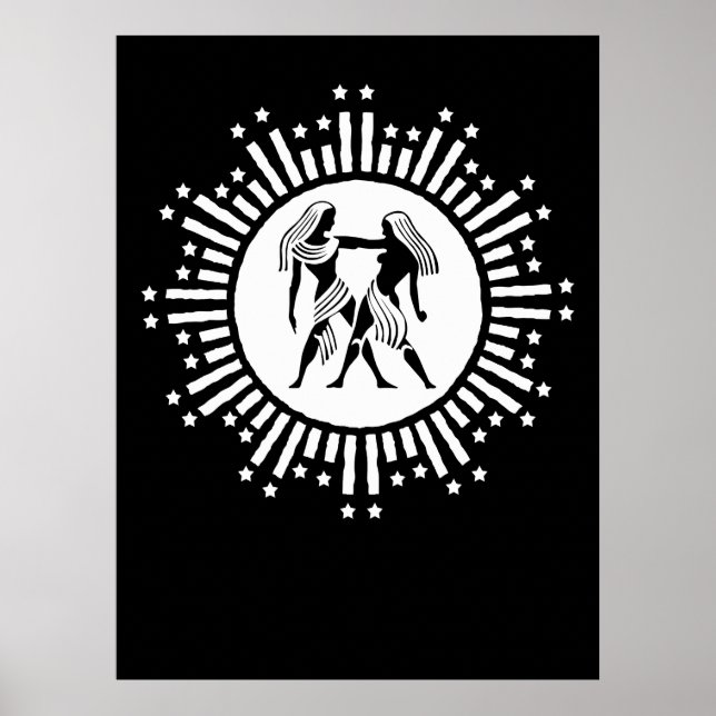 Poster Symbole Gemini Zodiac avec étoiles Noir et Blanc (Devant)