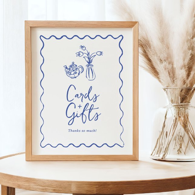 Poster Symbole gribouillant Doodbble Cartes et Cadeaux (Cards & Gifts sign with whimsical doodles in blue and white.)