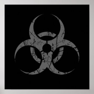 Poster Symbole gris rayé de Biohazard sur le noir