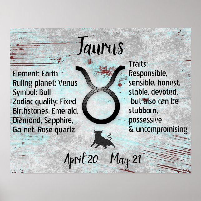 Poster Symbole Horoscope Taurus Bull Traits et Dates (Devant)