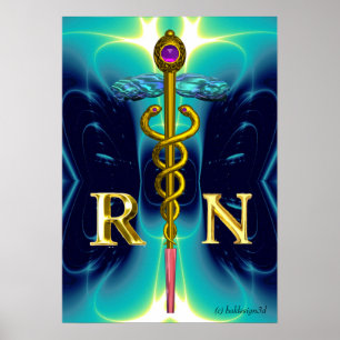 Poster SYMBOLE INSCRIT CADUCÉE OR INFIRMIÈRE Diplômée Ble