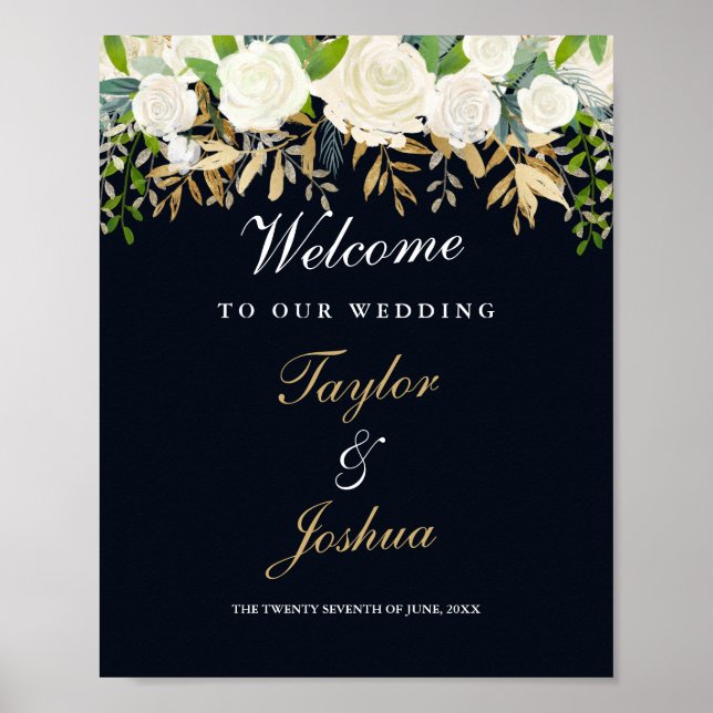Poster SYMBOLE Mariage Bienvenue Marine or Floral (Devant)