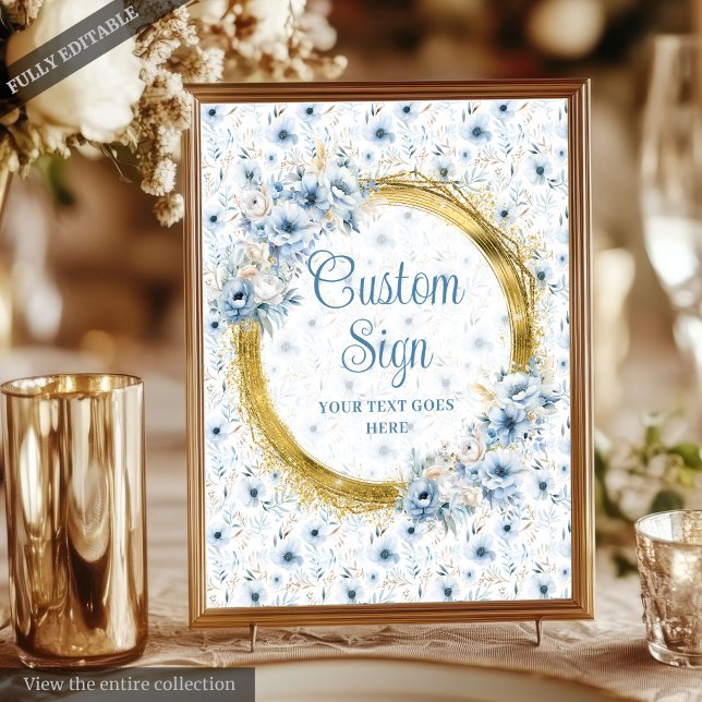 Poster Symbole Mariage Boho Dusty Blue Gold 8x10 (Delicate Boho Dusty Blue Gold 8x10 Wedding Sign)