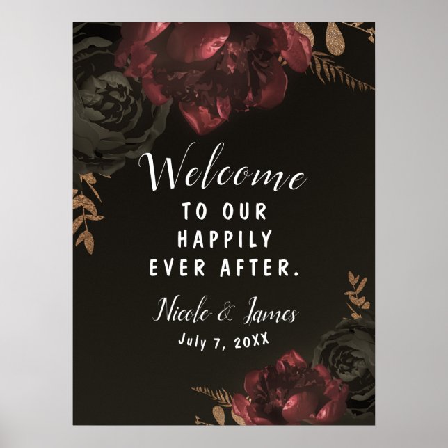 Poster SYMBOLE Mariage Brown Moody Floral foncé or vert (Devant)