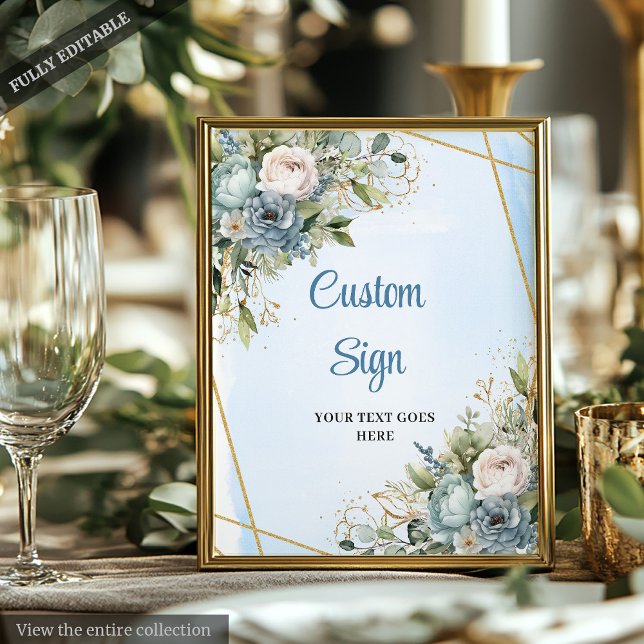 Poster SYMBOLE Mariage D'ÉCRAN Bleu Floral Romantique (Romantic Dusty Blue Floral Gold Frame Wedding Sign)
