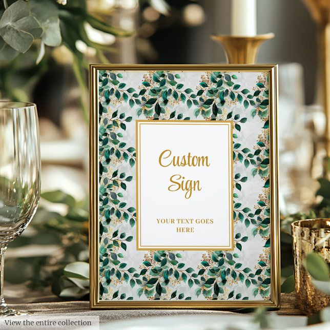 Poster SYMBOLE Mariage D'Eucalyptus Vert Foncé Glamour (Glamorous Dark Green Gold Eucalyptus Wedding Sign)