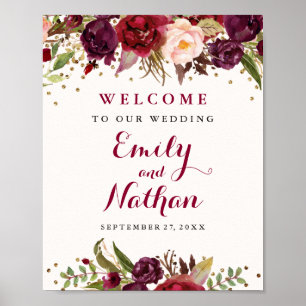 Poster SYMBOLE Mariage Floral Confetti Or Bourgogne