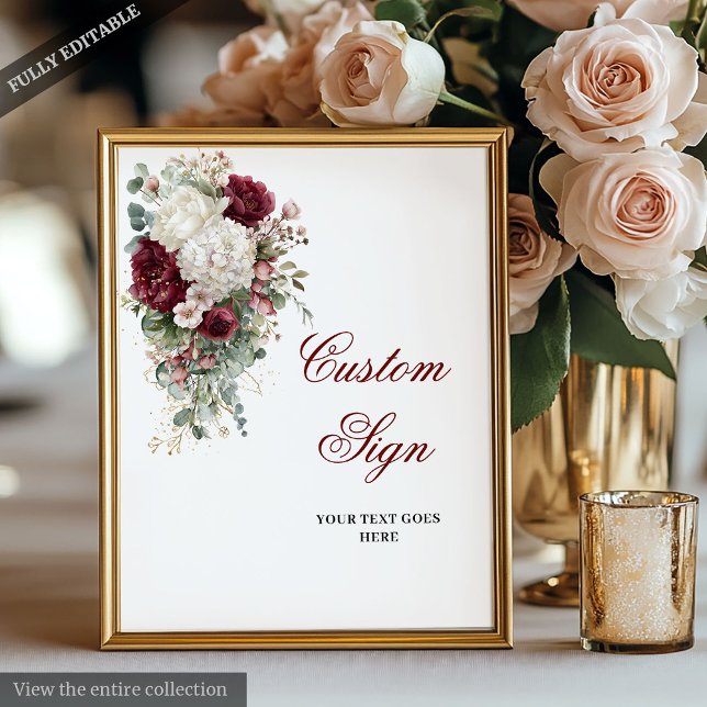 Poster SYMBOLE Mariage Floral Élégant Boho Burgundy Blanc (Boho Burgundy White Elegant Floral Wedding Sign)