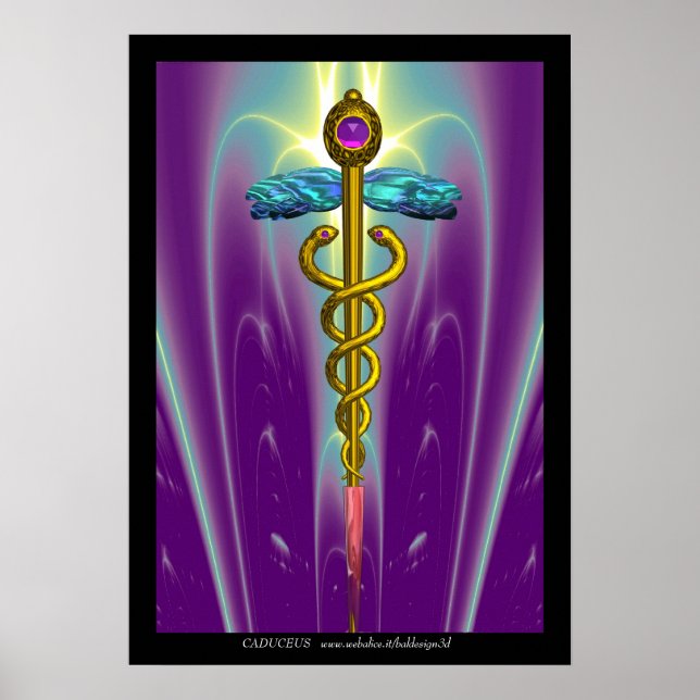 Poster Symbole médical CADUCÉE doré Vagues violettes et v (Devant)