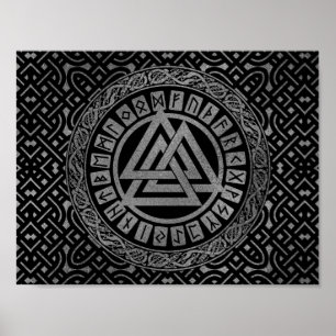 Poster Symbole métallique argenté de Valknut sur le motif