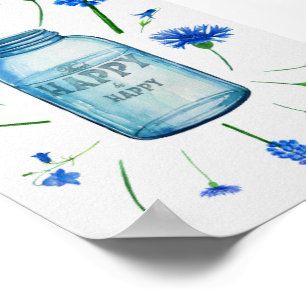 Poster Symbole moderne bleu Aquarelle Fleurs à main