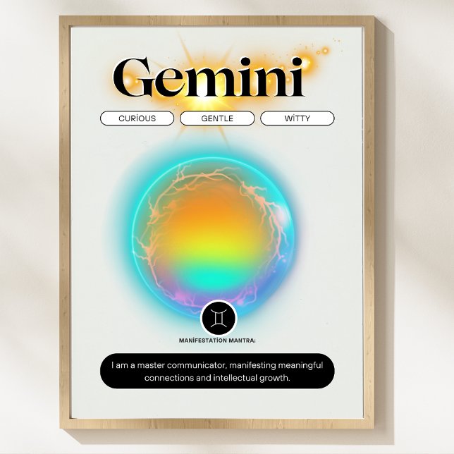 Poster Symbole moderne Zodiac Gemini Citation Air Element (Modern Zodiac Sign Gemini Quote Air Element Poster)
