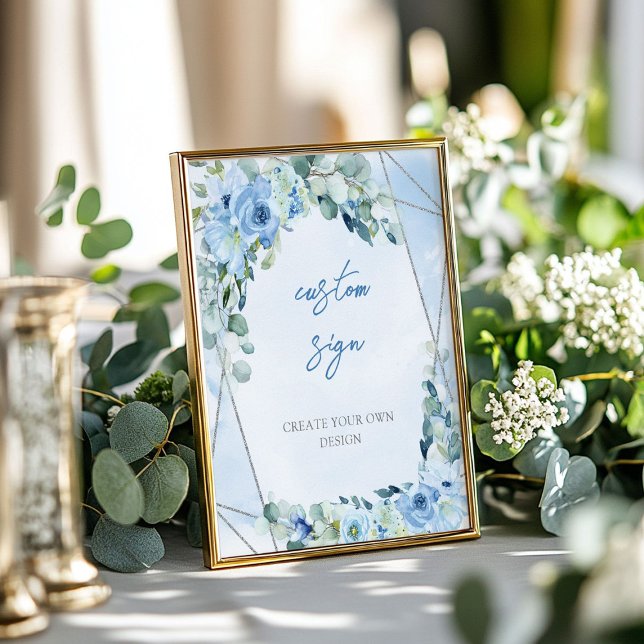 Poster Symbole romantique bleu floral eucalyptus argent p (Romantic blue floral eucalyptus silver Custom Sign)