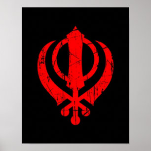 Poster Symbole sikh rouge rayé de Khanda sur le noir