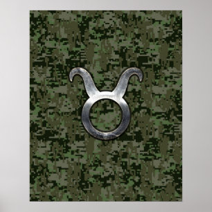 Poster Symbole Taurus Zodiac sur Camo numérique vert