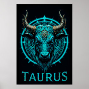 Poster Symbole Taurus Zodiaque En Acce Bleu et Or Vibrant