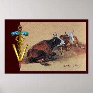 POSTER SYMBOLE VÉTÉRINAIRE DE DEUX VACHES CLAIRES OR CADU