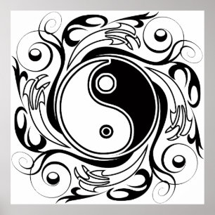 Poster Symbole Yin et Yang Style tatouage noir et blanc