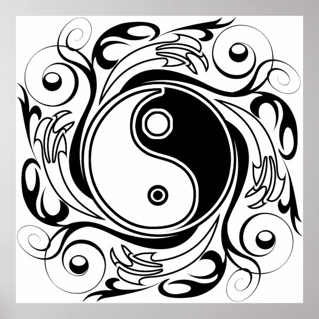 Poster Symbole Yin et Yang Style tatouage noir et blanc (Devant)