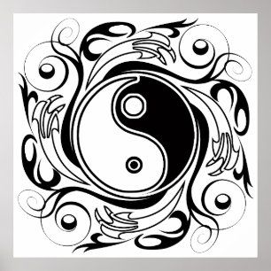 Poster Symbole Yin & Yang noir et blanc de style tatouage