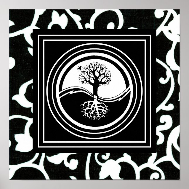 Poster Symbole Yin Yang Tree Harmonie noire blanche (Devant)