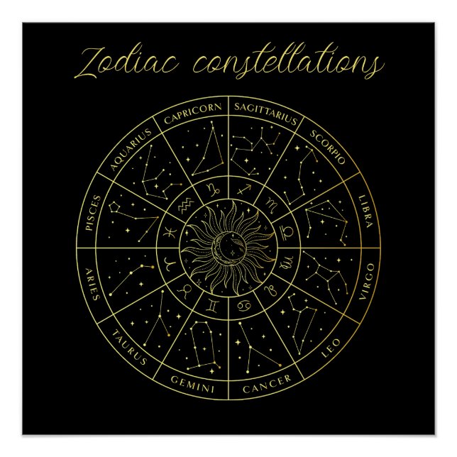 Poster Symbole Zodiac horoscope constellations carte or (Devant)