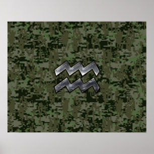 Poster Symbole Zodiaque Aquarius sur camo numérique vert 