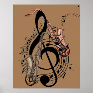 Poster Symboles musicaux enflés avec des saxophones sur u