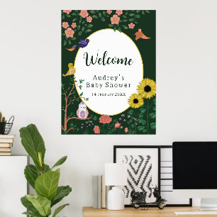 Poster Sympathique florale verte Bienvenue sur le panneau