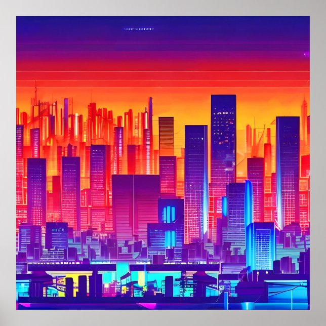 Poster Synthwave/Cyberpunk City au coucher du soleil (Devant)