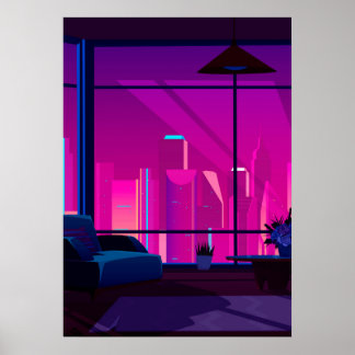 Poster Synthwave Neon City : terrasse, penthouse