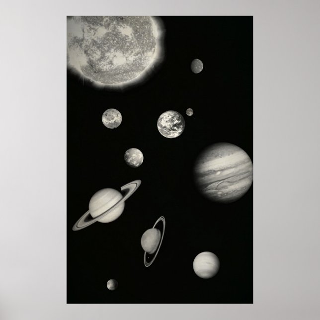 Poster Système solaire noir et blanc dans l'espace (Devant)