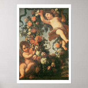 Poster T32714 Deux putti pour soutenir une prairie à fleu