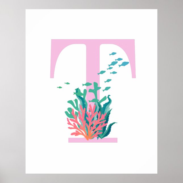 Poster T Monogramme Initiale Monogramme Rose Téalgue Océa (Devant)