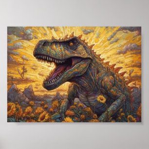 Poster T-rex dans un champ de tournesol
