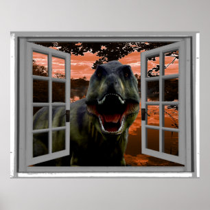 Poster T-Rex Dinosaur Sunset View Faux Window