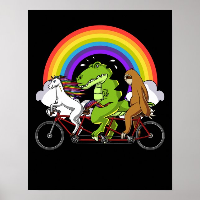 Poster T-Rex Dinosaur Unicorn Sloth Sur Vélo Rainbow (Devant)