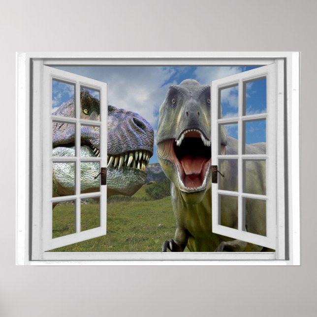 Poster T-Rex Dinosaures Vue Fenêtre Faux (Devant)