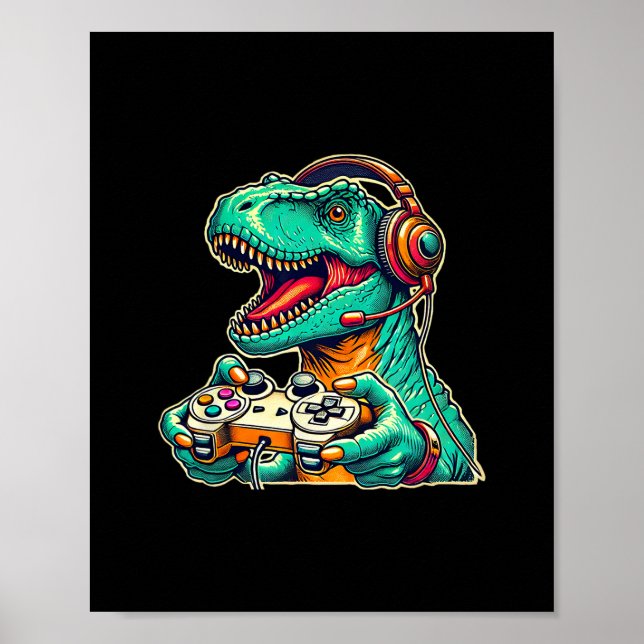 Poster T-rex jeu avec casque audio Dinosaure drôle Graphi (Devant)