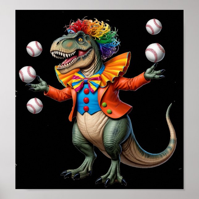 Poster T-rex portant tenue clown et baseball jonglant (Devant)