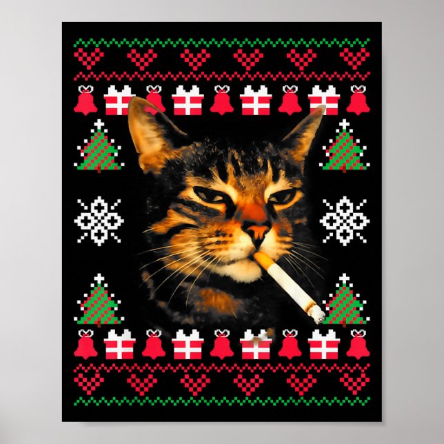 Poster T-shirt drôle de chat qui fume pour Noël  (Devant)