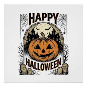 Poster T-shirt Halloween Citrouille Cimetière Vintage Art