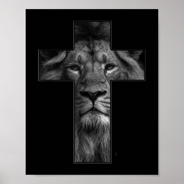 Poster T-shirt Jésus Croix Avec Visage Lion, Foi En Dieu  (Devant)