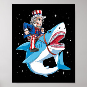 Poster T-shirt Oncle Sam à cheval sur un requin 4 juillet
