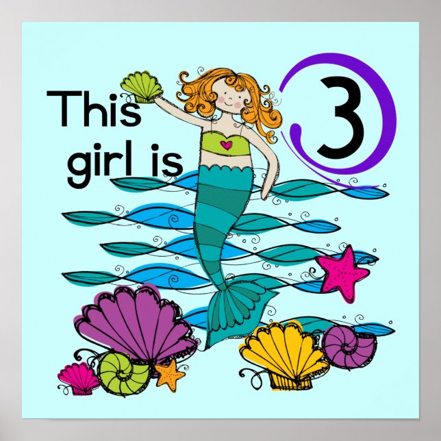 Poster T-shirts et cadeaux Mermaid 3e anniversaire (Devant)