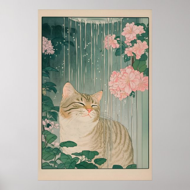 Poster Tabby Cat Shower Print Ukiyo-e Botanical Bathroom (Devant)